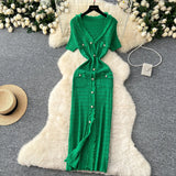 Fongt Little Scent Retro V-Neck Metal Single-D Row Buckle Slimming Temperament Knitted Dress Spring