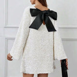 Fongt Women's Dress 2025 New Spring Bow Skirt Multi-Colored Bright Sleeve Mini Dress