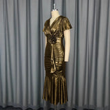 Fongt Sexy V-Neck Folded Fishtail Skirt Three-Dimensional Flowers Waist Fashion Party Party Evening Dress Dress