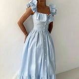 Fongt Temperament Commuting Style Leaf Side Striped Dress Women's Summer Senior Neck Cuff Double Design Women's Clothing