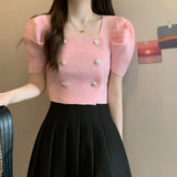 Fongt New French Gentle Style Design Double Buckle Bubble Sleeve T-Shirt Knitted Short