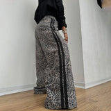 Fongt Leopard-Print Tug Trousers Women's Tide In 2025 Spring Side Stripes Loose Thin Broad Leg Trousers Casual
