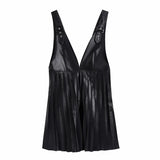 PU Leather Deep V Neck Pressed Pleat Splicing Mini Dress Female Sleeveless Clothes Casual Lady Loose Vestido