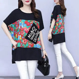 Clothing Printed Stylish Letter Pockets Patchwork Pullovers Casual Loose Split All-match Summer Korean Round Neck T-shirt-Outfit