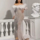Fongt New Women's Ebay Dress Sexy Sprinkling Gold Feathers Open Forked And Hip Banquet Evening