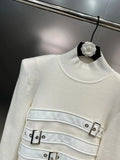 2024 Autumn High Street Stand Collar Long Sleeve Knitted T-shirt Women's Belt Multi Button Design Sweater Pullover TH5305-Outfit