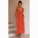 Fongt 2023 Sexy Outback Solid Color Cotton And Linen Collar Sling Dress 22010-Outfit