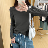Color U-Collar Long-Sleeved T-Shirt Women's Early Autumn New Loose-Fitting Short Top Threaded Cotton Bottomed Shirt-Outfit
