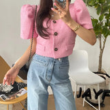 Ropa Mujer Puff Short Sleeve Chaqueta Mujeres Square Collar Jacket Woman Single Breasted Jackets Spring Summer Outwears-Outfit