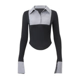 Fongt Women's Wear Fall 2023 New Polo Collar Temperament Stripe Contrast Color Slim All-Match Long-Sleeved Top