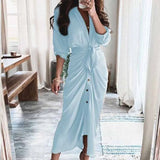 Fongt Women's Long Sleeve V Neck Button Temperament Commuter Shirt Long Dress