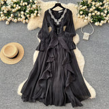 Fongt High-End Elegant Dress Women Fashion Heavy Industry Embroidery Stender V Collar Waist Temperament Court Style Long Dress