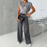 Fongt 2023 New Solid Color V-Neck Sleeveless Jacket Blazer Trouser Suit Women-Outfit