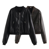 Temperament Leisure Spring New Style Retro Standing Collar Locomotive PU Imitation Leather Pilot Jacket Jacket-Outfit