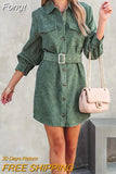 Turn Down Collar Corduroy Dress Femme Mini Outdoor Solid Dress With Belt Casual Long Sleeve Button Patchwork Loose