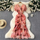 Fongt New Light Luxury Chiffon Print Dress Temperament Lotus Side Fishtail Dress Female Dress Thin