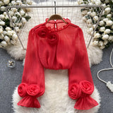 Fongt Shirt Female Design Sense Small Three-Dimensional Flower Bubble Sleeves To Reduce The Age Of Pure Color Chiffon Shirt Women's Long-Sleeved Top