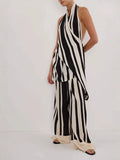 Fongt Eastern Women's Fashion Casual Elegant Bare Back Set Striped Broad Leg Pants