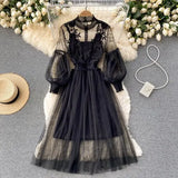 Women's Maxi Dress Elegant Flower Mesh Party Dresses Vestidos Fashion Lantern Sleeve Woman Long Robe Two Piece Sets