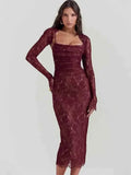 Red Lace Sheer Removable Sleeve And Lace Up Midi Dress-Outfit