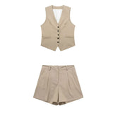 Fongt Women's 2025 Spring New Fashioned Colored Flax-Blend Vest + Shorts Set