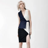 Fongt New Splicing Fold Design Irregular Hem Can Be Buckled Buckle Top Vest Coat Female QD780