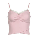 Desire Lace Lace Small Bow Stitching Young Girl Fresh V-Collar Small Sexy Pink Sling Vest-Outfit