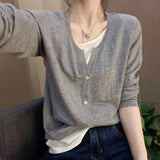 Fongt Two V-Neck Knitted Women's 2025 New Loose Thin Tops Long-Sleeved Sweater Bottom Shirt