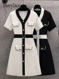 Knee Dress For Women Fashion Eiegant V-neck Short Sleeve Knitted Dress Office Ladies Knitting Dresses Women