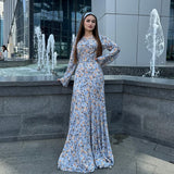 Fongt New Women's Casual High-Waisted Crumped Flower Long Sleeve Slim Dress