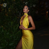 Fongt Summer Women's Sexy V Neck Hanging Back Dress Temperament Slit Dress
