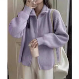 Early Spring Wear New Purple Lapel Zipper Sweater Jacket Women's Knitted Cardigan With Bottomed Jacket-Outfit