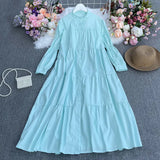 Temperament Aging Solid Color Simple Dress Autumn Dress Korean Version Fashion Bubble Long Sleeves Show Thin Button Long Skirt Women-Outfit