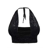 Women's Metal Sequins Low-Cut Tie Vest Sexy Deep V Navel Blouse-Outfit