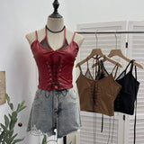 Fongt Shooting Locomotive Punk Pu Splicing Fishing Net Hanging Neck Sling Vest Babes Wearing Rope Repair Short Blouse 8106