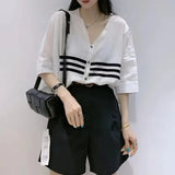 Striped Patchwork Midi Blouse Three Quarter Spring Summer Women's Clothing V-Neck Casual Single-breasted Loose Shirt-Outfit