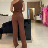 Fongt 2024 New Solid Color Diagonal Collar Stripe Elastic Slim Knit Sweater Pants Suit Women-Outfit