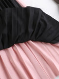 2024 High Elastic Waist Thin Large Hem Color Contrast Pleated Medium Length Skirt Patchwork Women Irregular Clothing TH370-Outfit