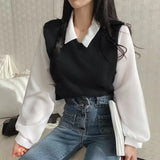 Fongt Plus Size Fat Mm Fake Two T-Shirt Female Splicing POLO Collar Long Sleeve Hoodie Screw Thread Loose Versatile