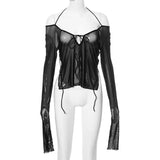 Dark Y2k Punk Mesh See Through T-shirts Women Cyber Sexy Summer Halter Tops Lace Up Techwear Black Patchwork Split