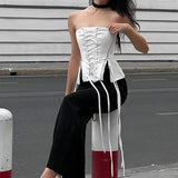 Girls Wind Zipper Strap Waist White Wiped Chest Blouse 2023 Summer New Ins Slim Body And Bare Back Vest-Outfit