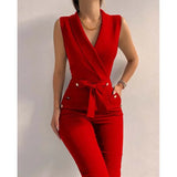 Office Lady Solid Color Jumpsuits Hollow Out Design Zipper Pockets Button Belt Decor V-Neck Sleeveless Slim Hips