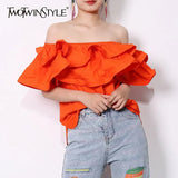 Chic Patchwork Ruffle Shirt For Women Slash Neck Short Sleeve Casual Green Blouse Female Fashion New Clothing