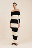 Fongt Women's Fashion Elegant Shoulder-To-Shoulder Knitted Blouse Striped Shoulder-Long Dress