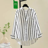 Fongt 2025 Spring And Autumn New Korean Version Of Small Fresh Cardigan Striped Single Pocket Loose Lanky Long Sleeve Shirt Woman