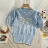 Style Beading Bowknot T Shirts Women's O Neck Short Sleeve Knitted Sweet Tee Tshirt Summer Slim Thin Top-Outfit