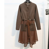 Women Two Piece Set Autumn Striped Long Tops Pants Suit Casual Single Breasted Blouse Elastic Waist Trousers