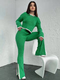 Fongt And Winter Knitted Trousers Set Round Collar Long Sleeve Short Sweater Bumping Open Knitted Two Sets Of