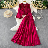 Fongt Style Pink Three-Dimensional Flower Collar Lantern Sleeve Shirt Lady Autumn High-Rise Dress Set