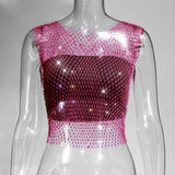 Fongt Nightclub Dresses Fishnet Hollow Out Rhinestone Vest Mesh Flash Diamond Sling Top